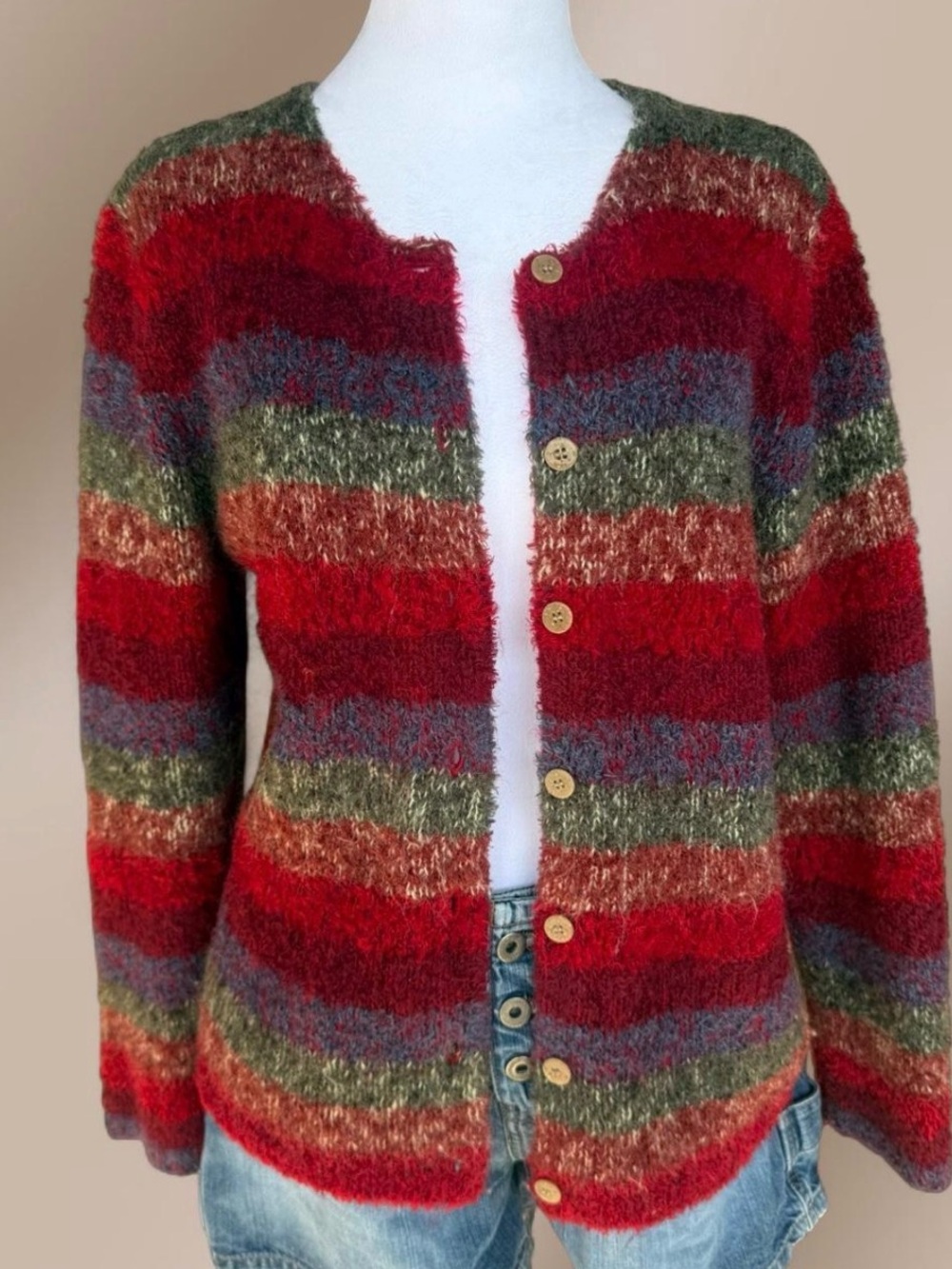 2000s Christopher & Banks Fuzzy Mohair Striped Cardigan Size Medium